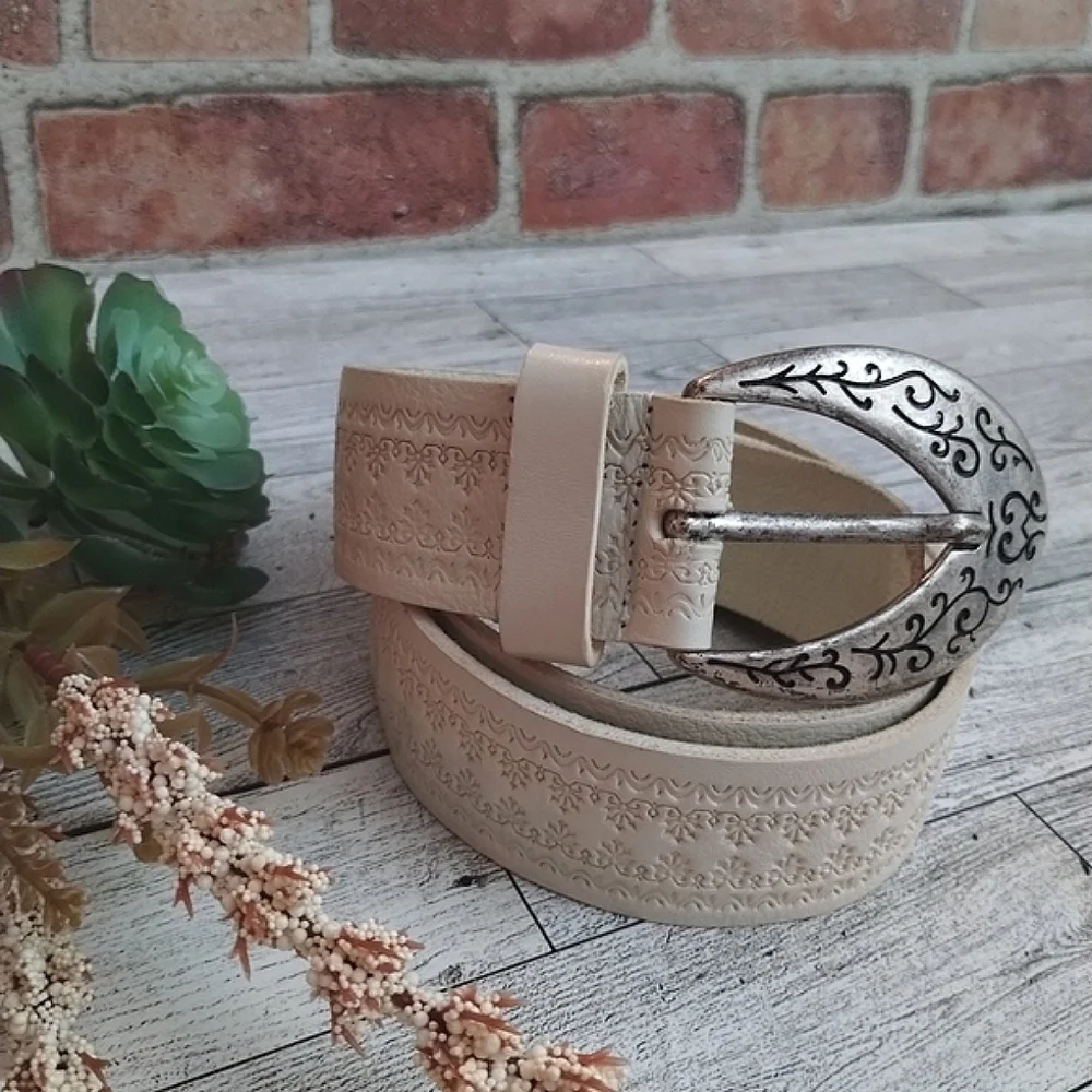 Fabio Corti Stamped Leather Cream Color Belt with Ornate Pewter Buckle #1863 M
